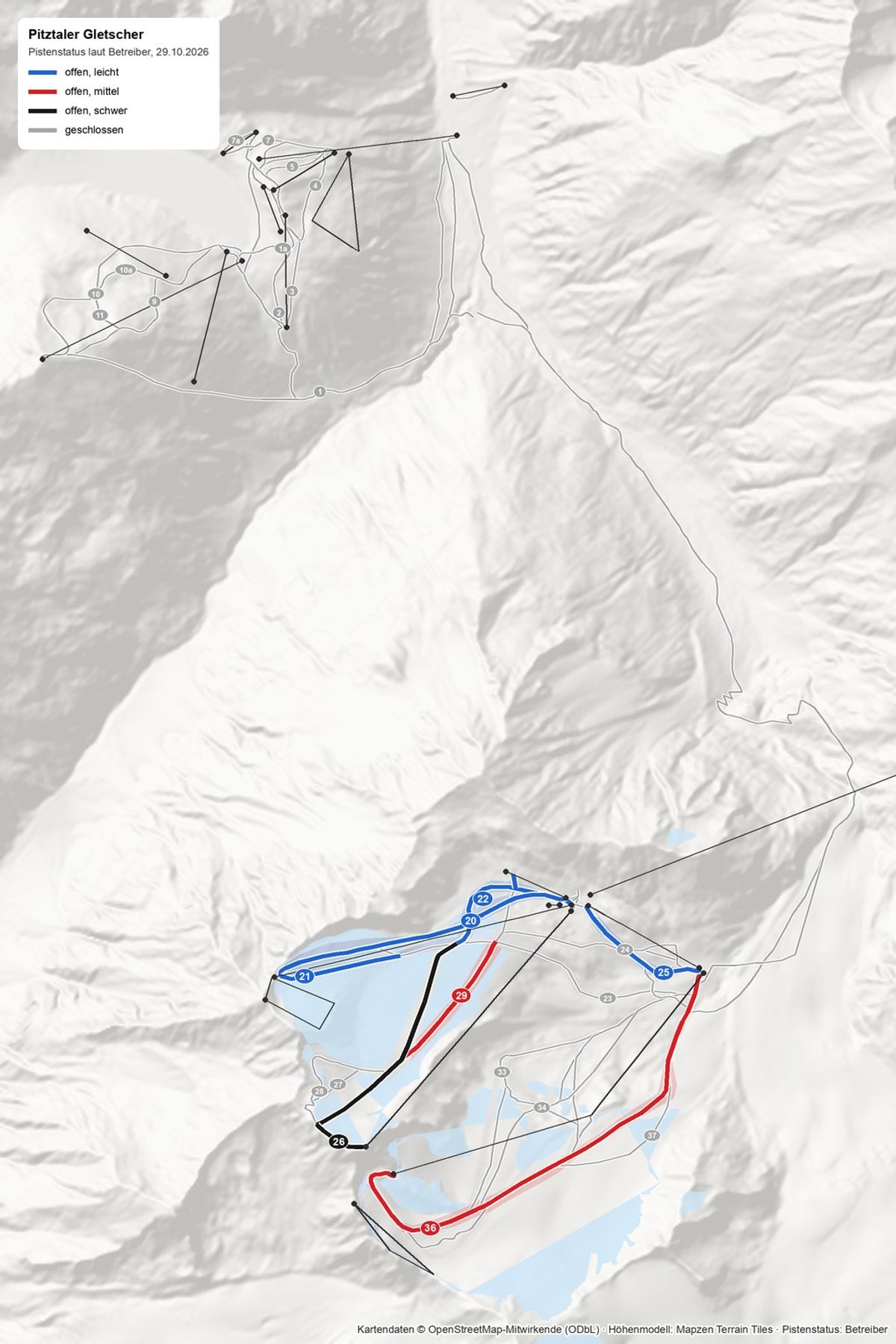 Pistenplan Pitztaler Gletscher: offene Pisten farbig zwischen Mittelstation und Wildspitzbahn, Rifflsee-Gebiet grau