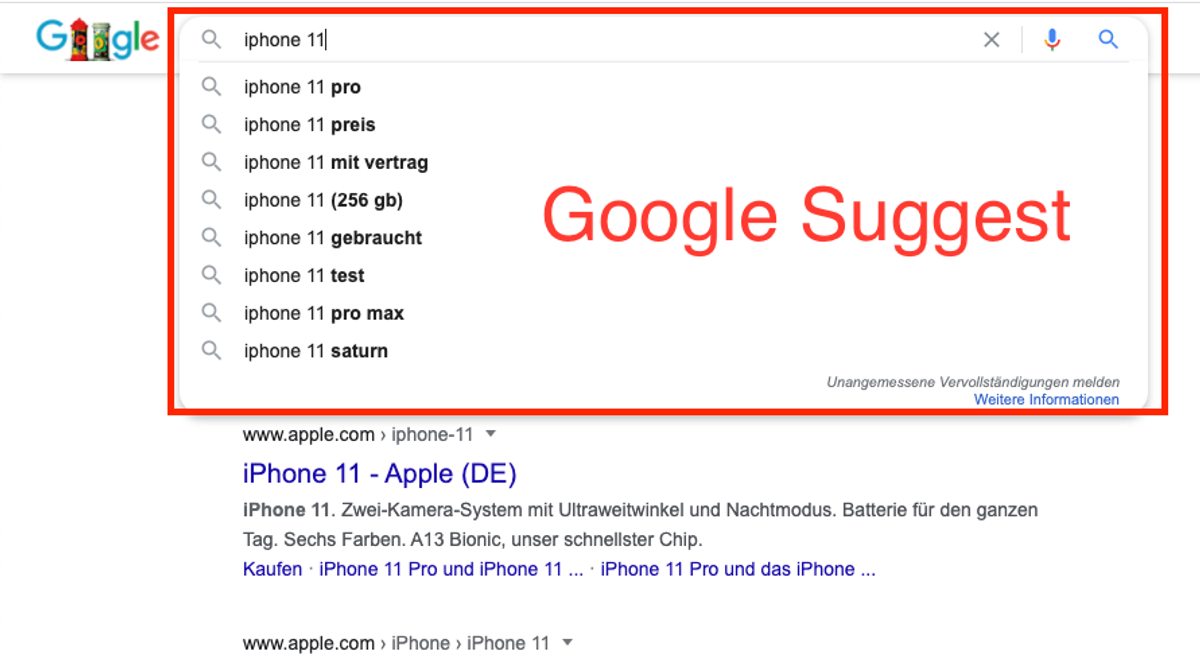 In Google Suggest erhält man Keyword vorschläge