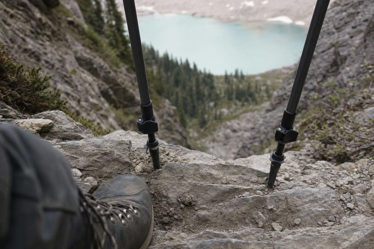 Trekkingstöcke im Abstieg, die Spitzen setzen vor dem Fuß auf einer Steinstufe auf