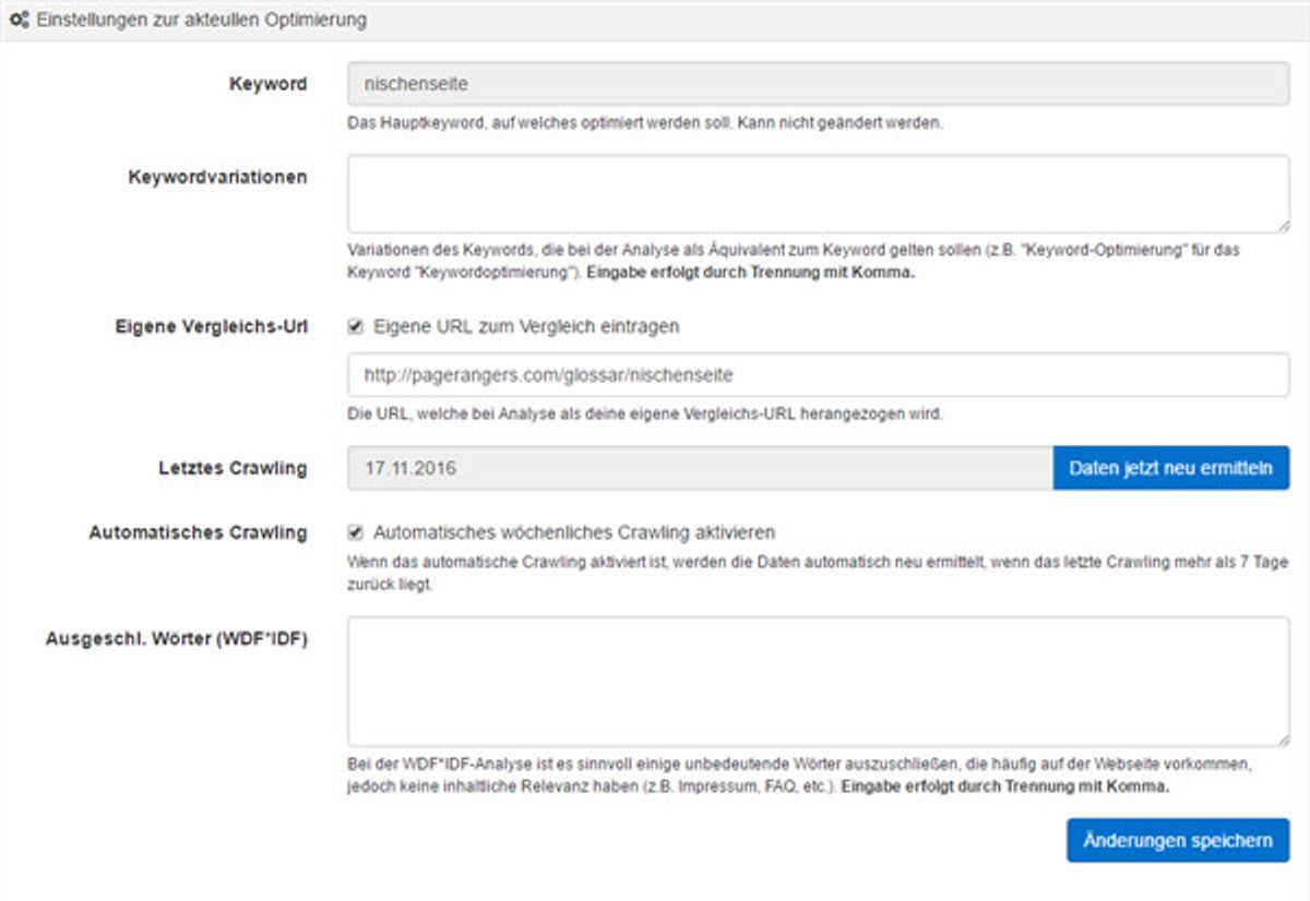Analyseeinstellungen SEO Software