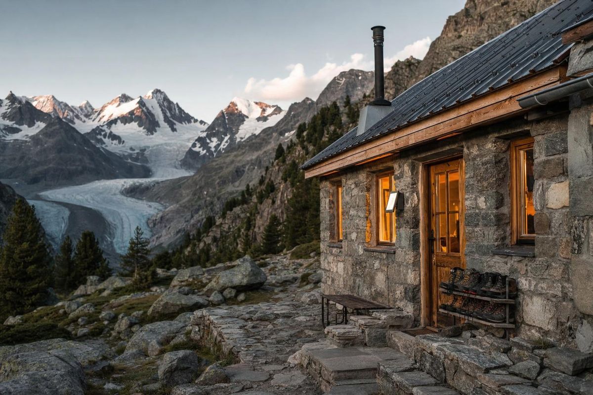 Berghütte am Abend, Wanderschuhe im Regal vor dem Eingang