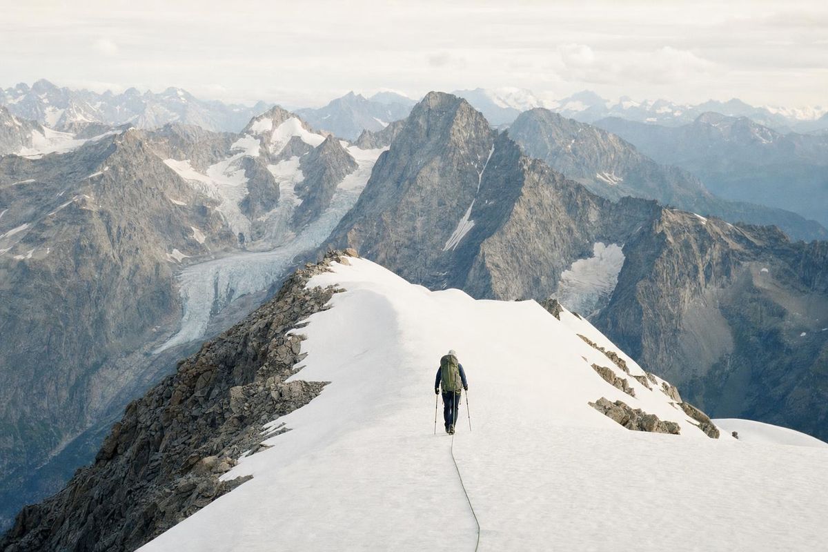 Wanderer auf einem hochalpinen Grat oberhalb von 3.000 Metern, Gletscher und Fels ringsum
