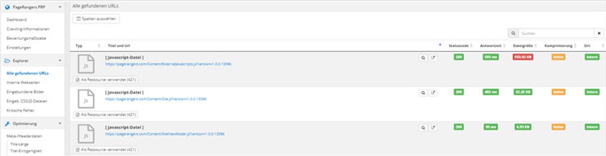 Eine Auflistung aller gefundenen URLs