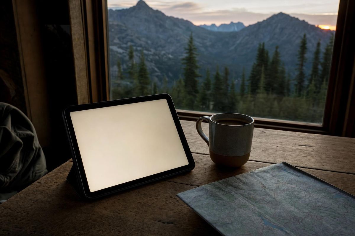 Mensch liest am Frühstückstisch den Bergwetterbericht auf einem Tablet, draußen dämmert es