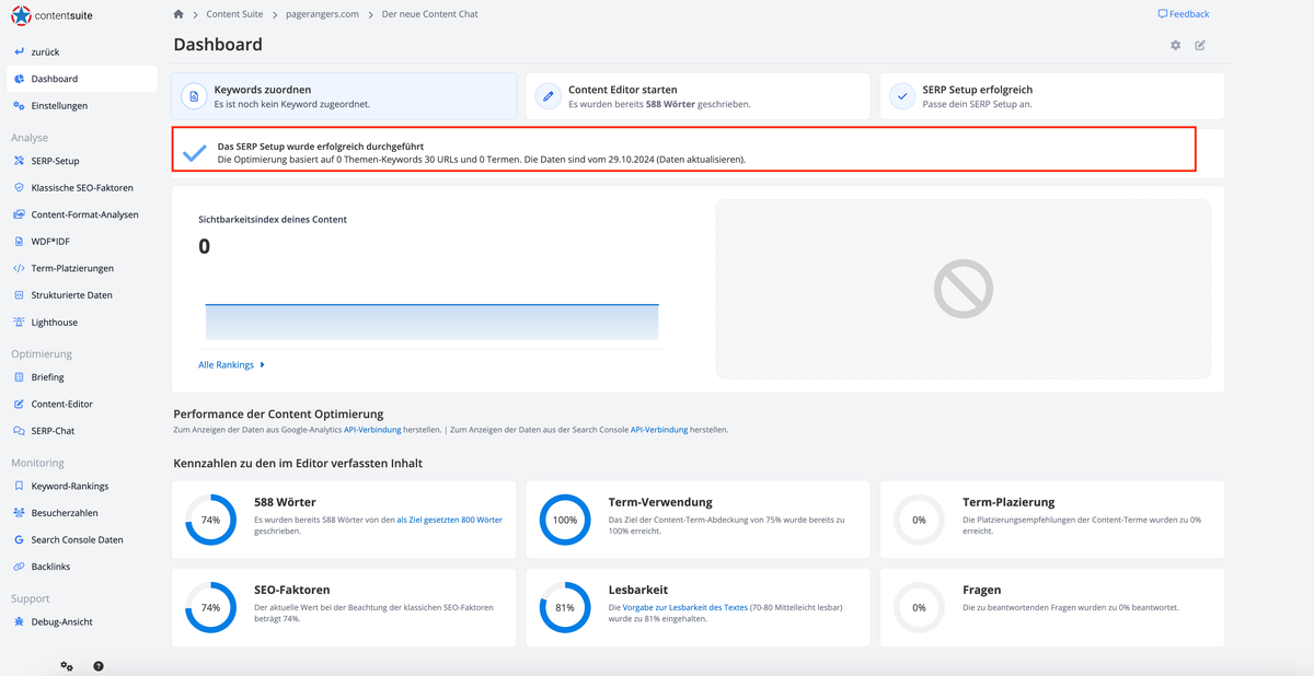 Content Suite Dashboard zum aktualisieren der SERP Daten