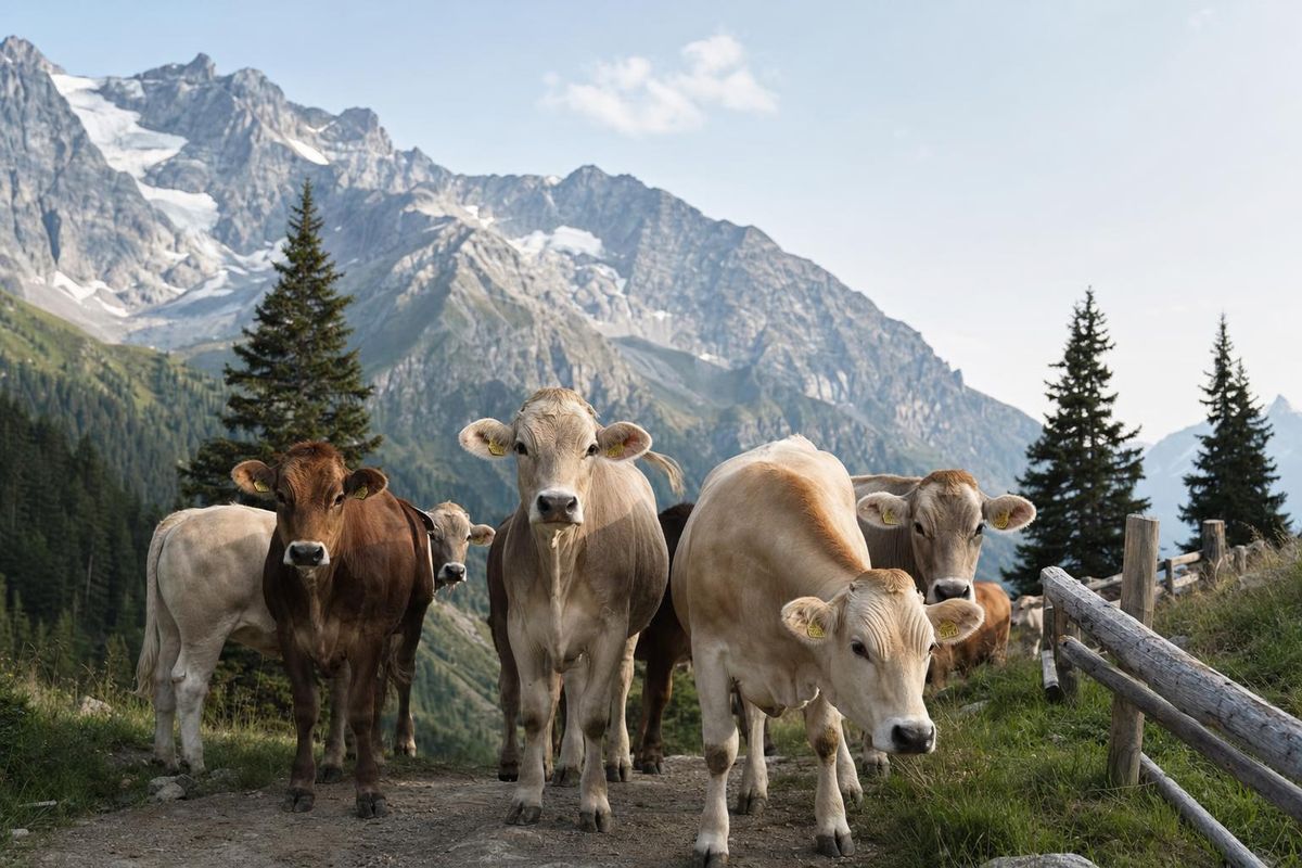 Kühe stehen auf einer Almwiese neben einem Wanderweg, im Hintergrund Berge