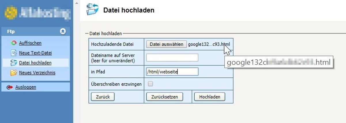 HTML Datei Verifizierung Schritt 2