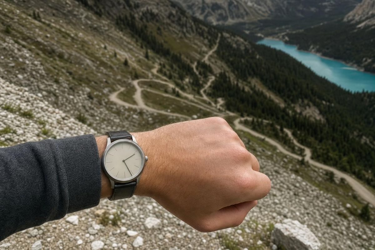 Wanderin schaut auf die Uhr, dahinter ein langer Abstiegsweg ins Tal