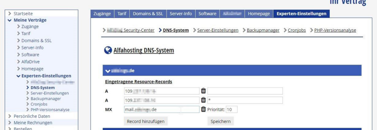 Verifzierung DNS Schritt 1