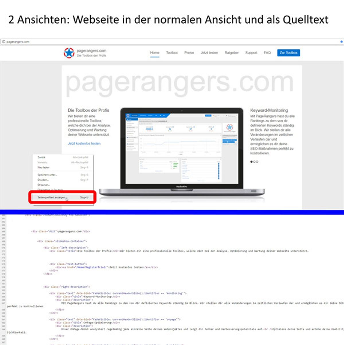 2 Ansichten - normale Webseite und Quelltext