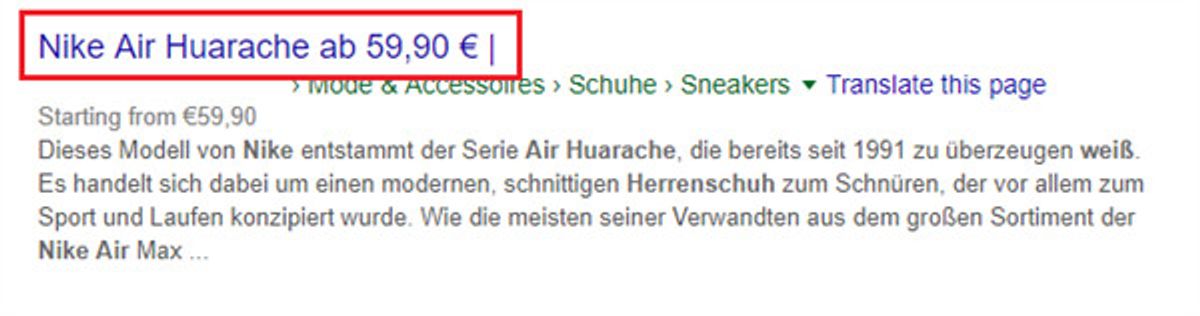 Screenshot eines Snippets über Nike Schuhe