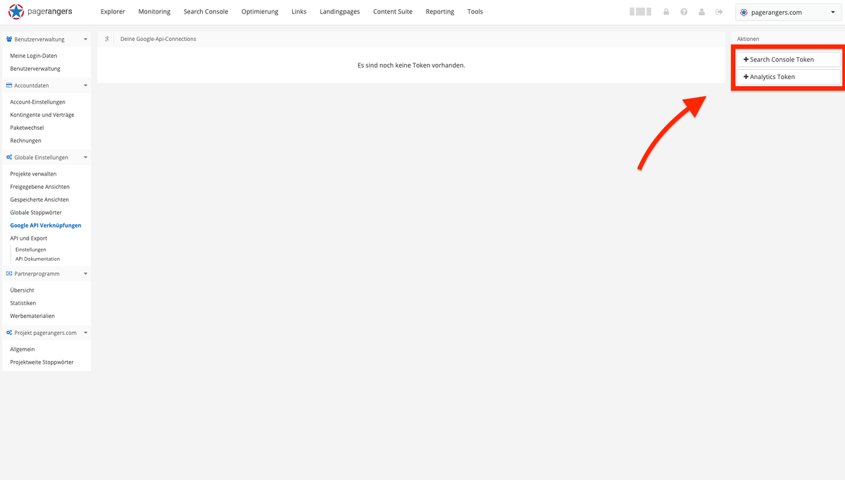 Search Console Token hinzufuegen