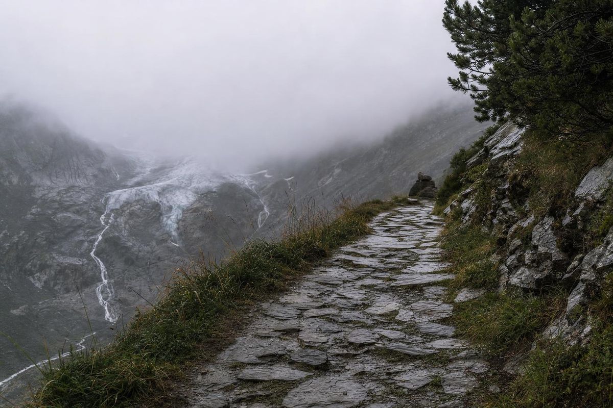 Wanderweg im Regen, nasser Fels und tief hängende Wolken über einem Tal