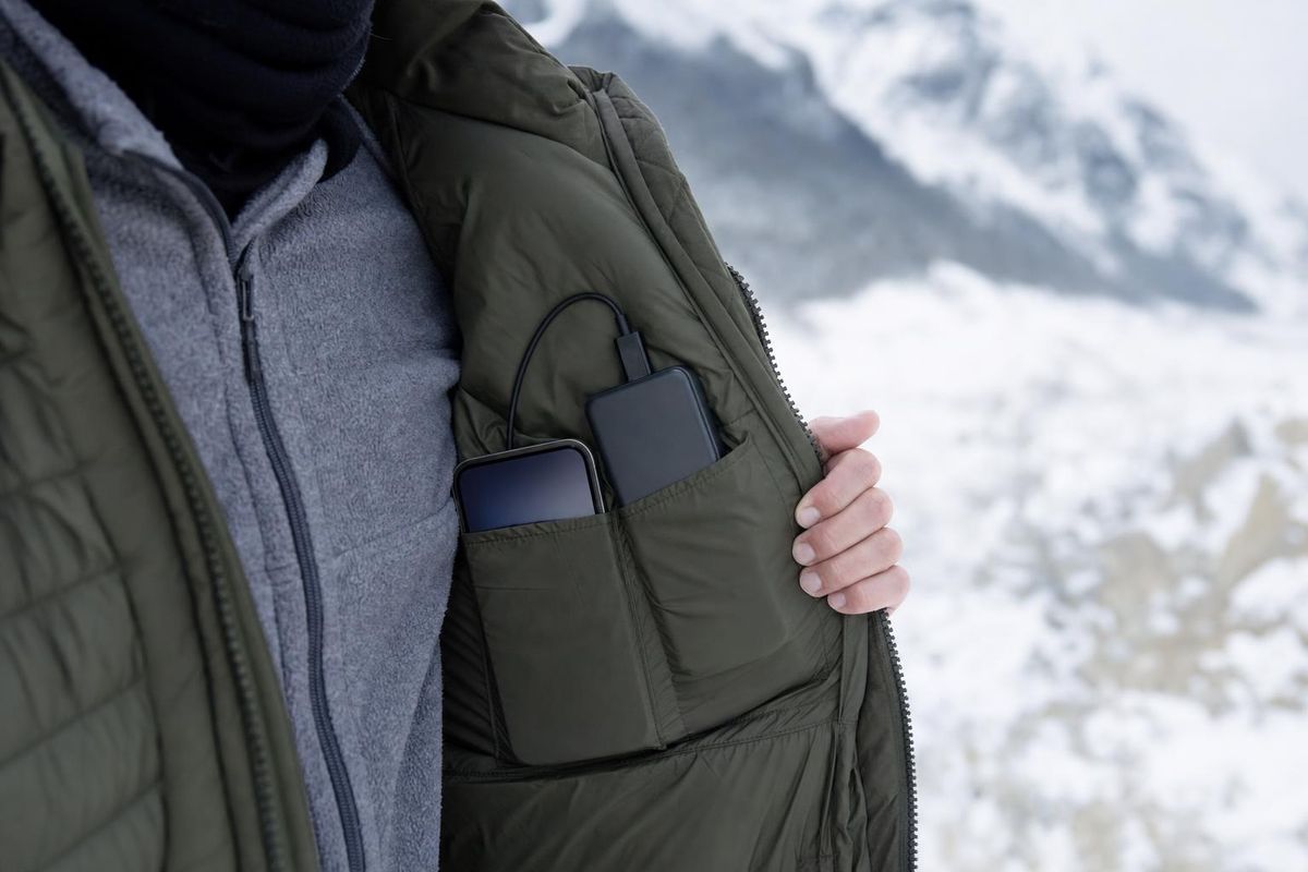 Powerbank und Handy in der Innentasche einer Jacke, Schnee im Hintergrund
