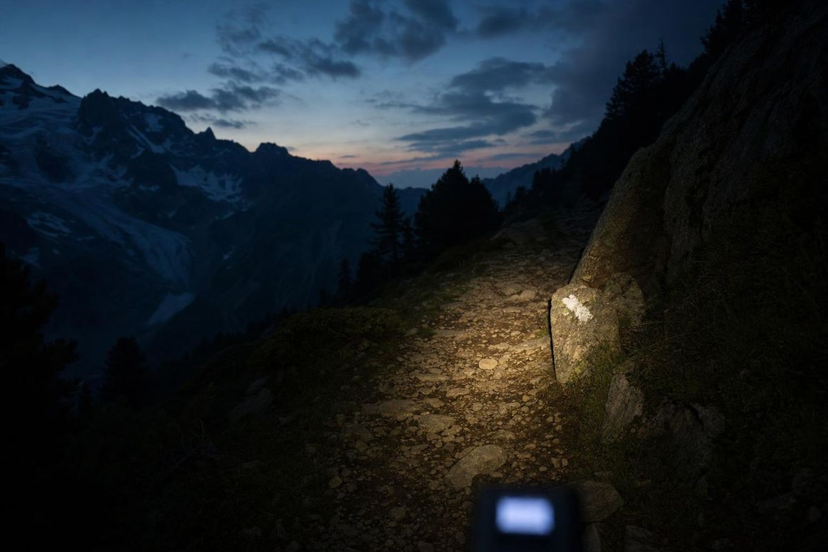 Stirnlampe leuchtet auf einen Bergweg in der Dämmerung, Schotter und Markierungssteine im Lichtkegel