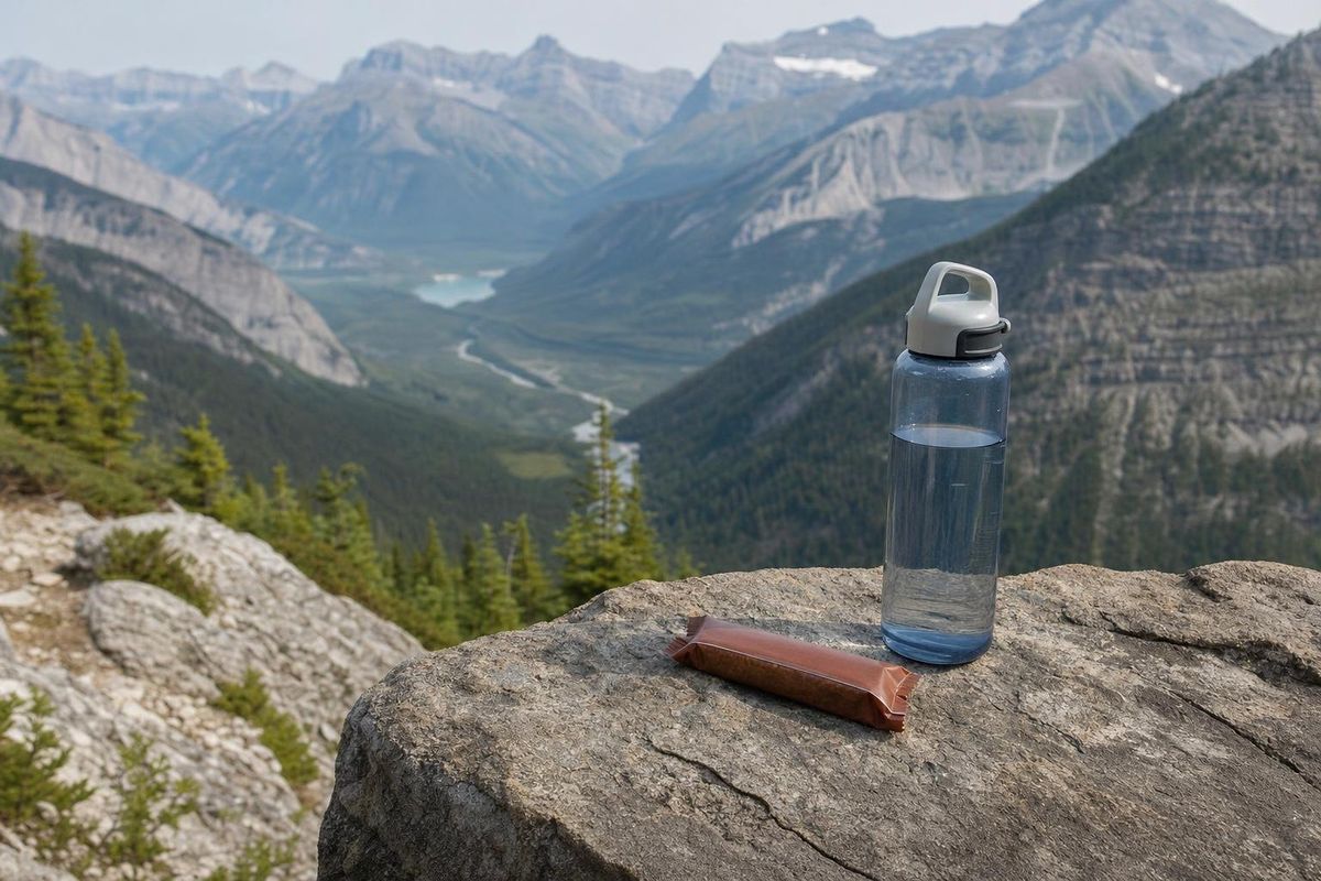 Riegel und Trinkflasche griffbereit auf einem Fels, im Hintergrund das Tal