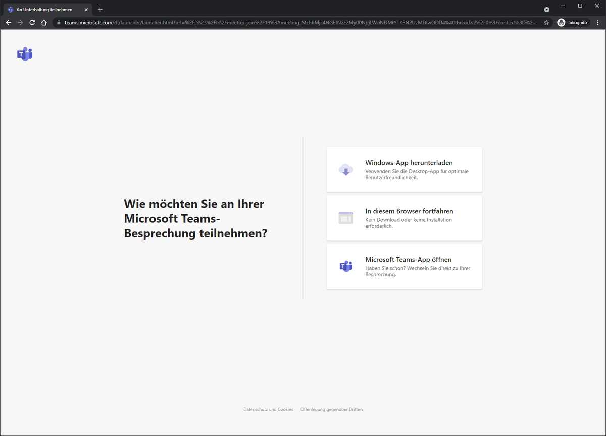 Ansicht nach Aufruf eines Microsoft Teams Links