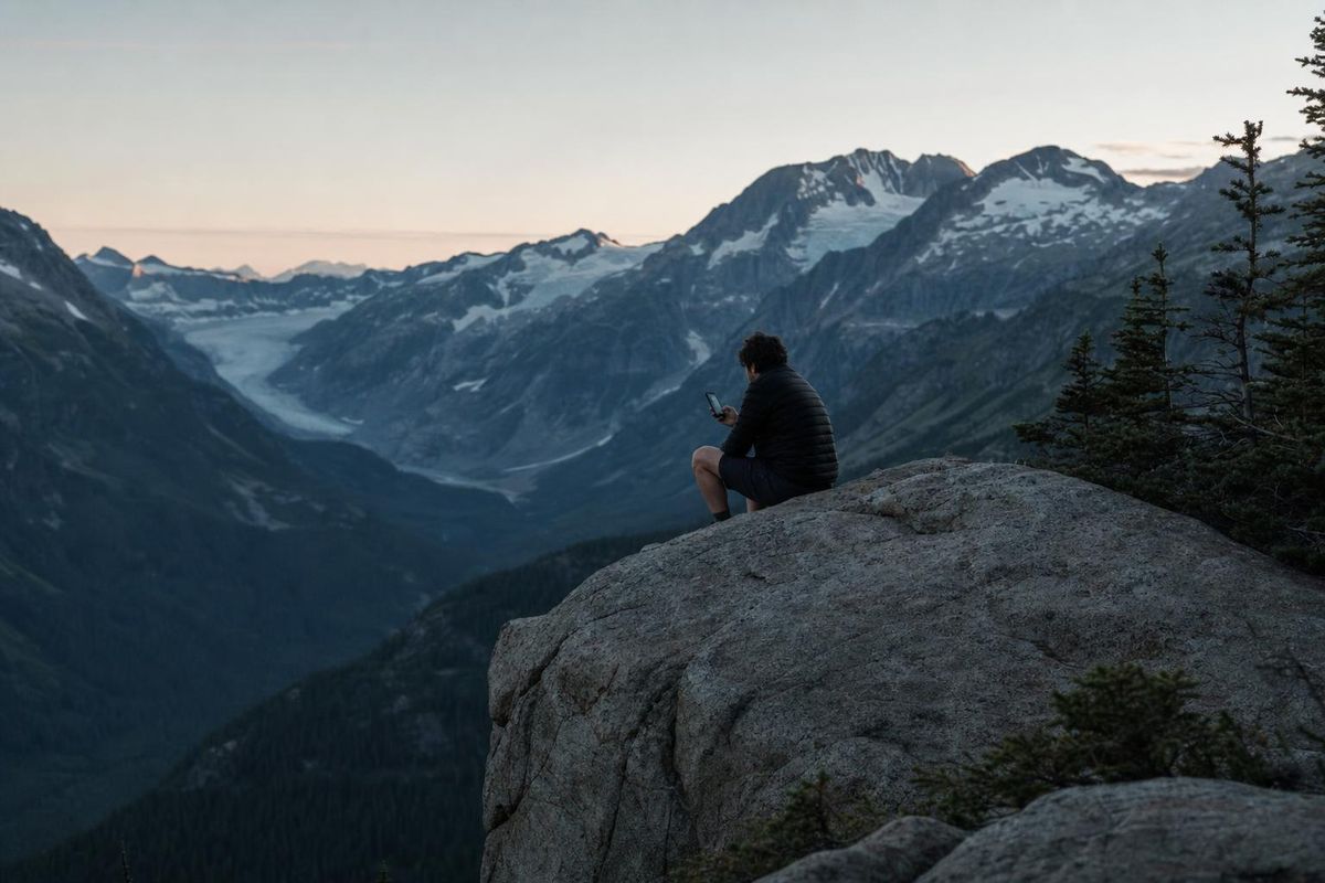 Wanderer sitzt in der Dämmerung auf einem Felsen, das Handy in der Hand, unentschlossen