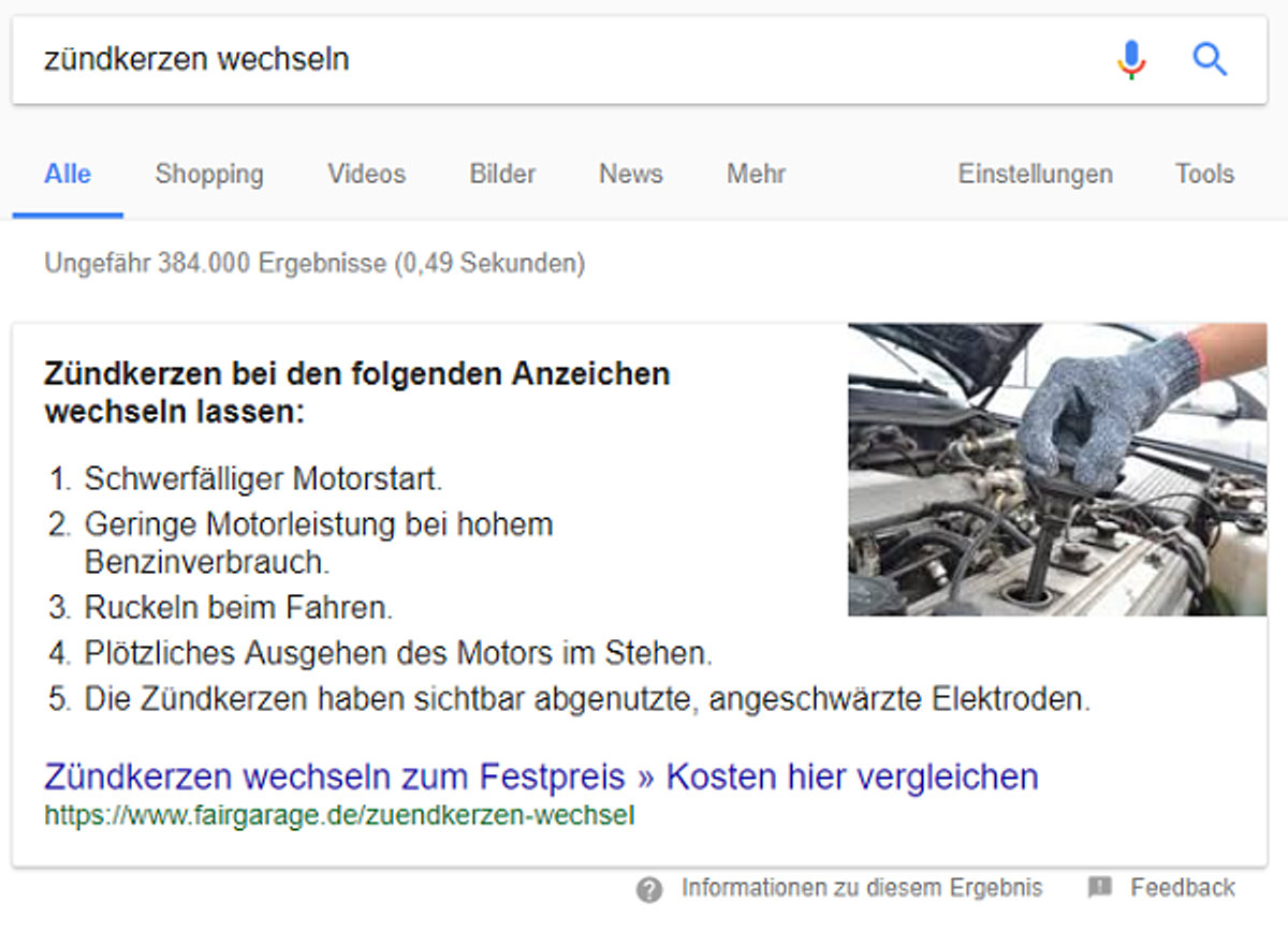 Unter dem Featured Snippet befinden sich rein informationelle Ergebnisse