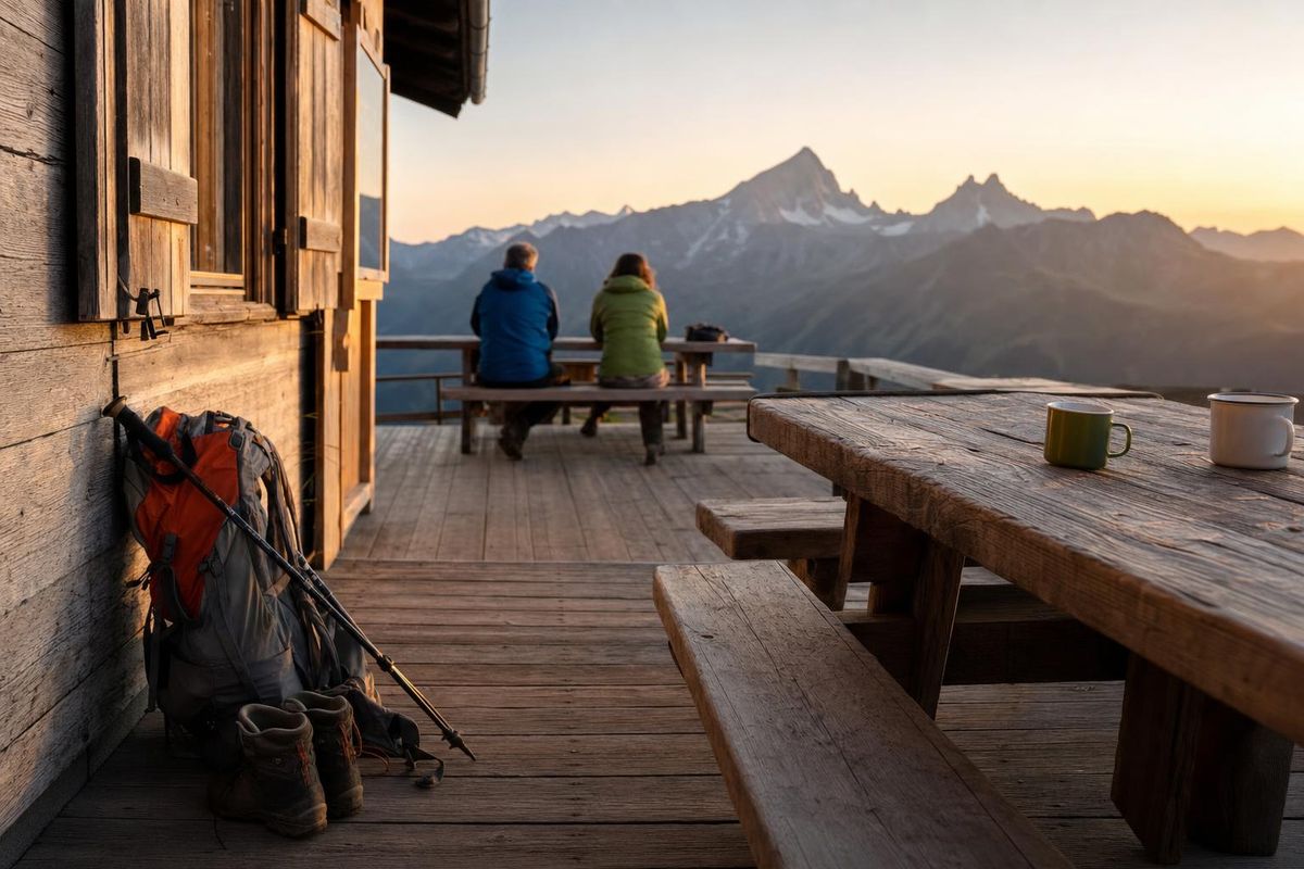 Holzterrasse einer Berghütte am Abend, Rucksäcke und Bergschuhe an der Wand