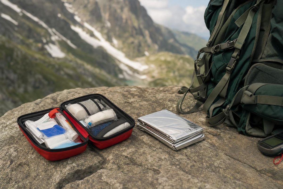 Rettungsdecke und Erste-Hilfe-Set liegen aufgeklappt auf einem Fels neben einem Rucksack