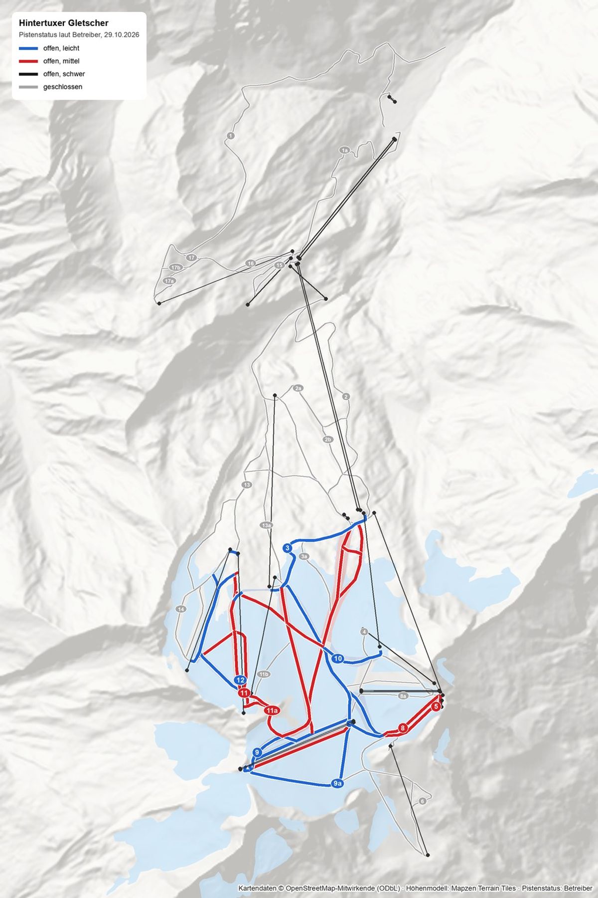 Pistenplan Hintertuxer Gletscher: offene Pisten farbig im oberen Gletscherbereich, alle tieferen Pisten grau