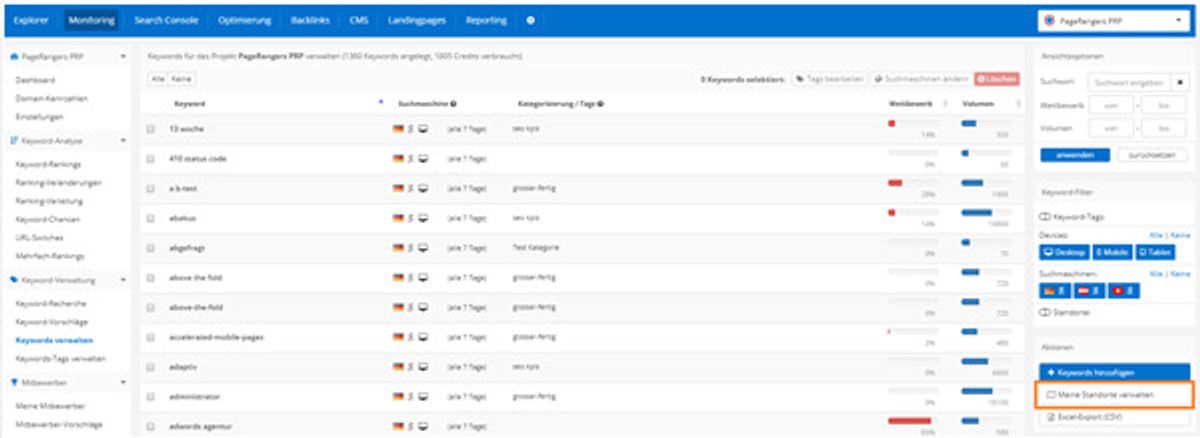 Ein Auszug aus dem PageRangers SEO Tool