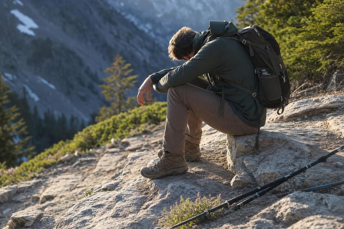 Erschöpfte Wanderin sitzt am Wegrand auf einem Stein, den Kopf gesenkt, spätes Nachmittagslicht