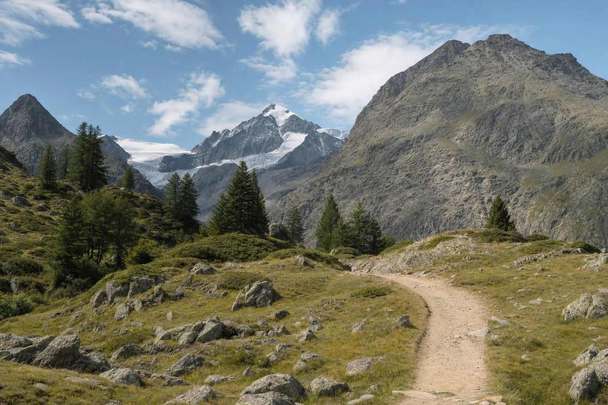 Breiter, gut sichtbarer Bergweg zieht über eine offene Almfläche, im Hintergrund Gipfel