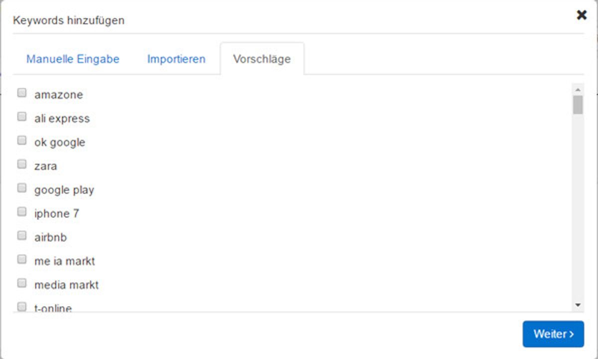 Keywörter hinzufügen Vorschlagsliste