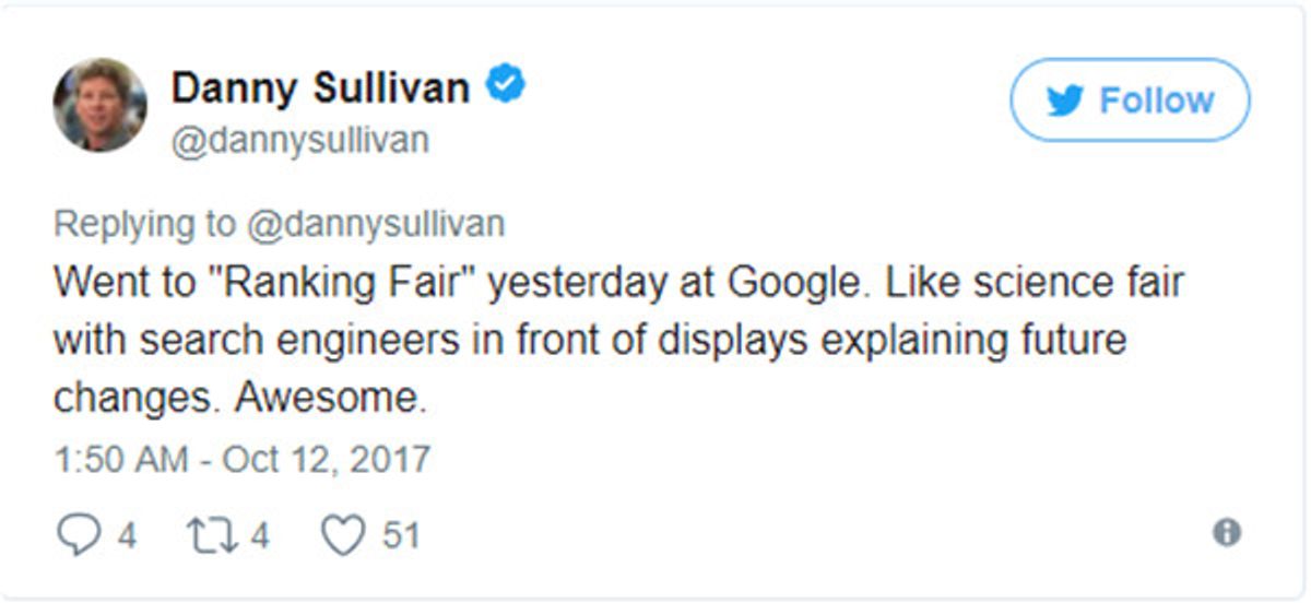 Danny Sullivan auf Twitter über die tollen Erfahrungen bei Google