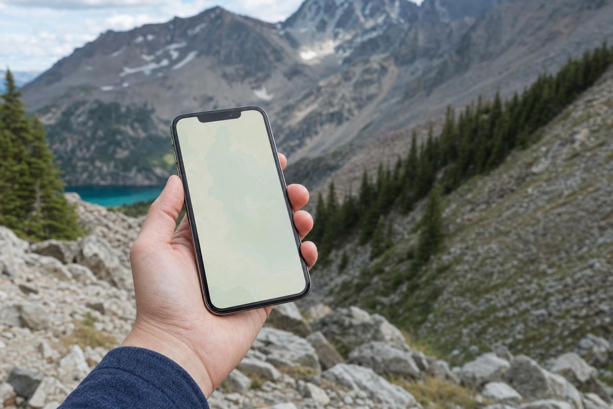 Hand hält ein Handy mit Kartenansicht vor einem felsigen Berghang