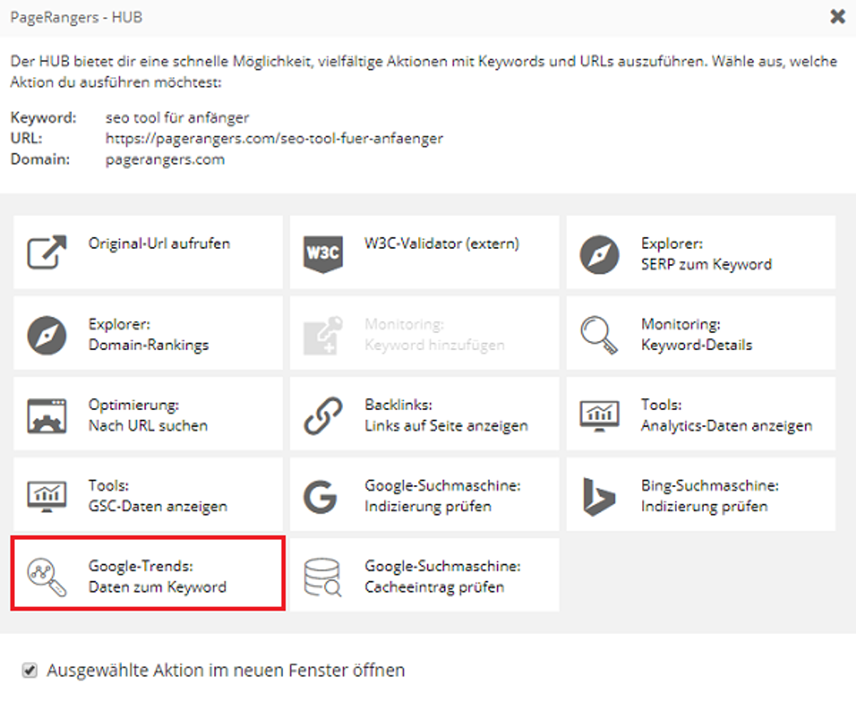 Das PageRangers Hub zeigt verschiedene Aktionen, die schnell ausgeführt werden können