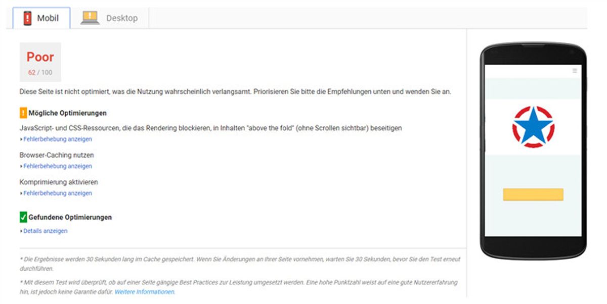 Die Ergebnisse von PageSpeed Insights für PageRangers