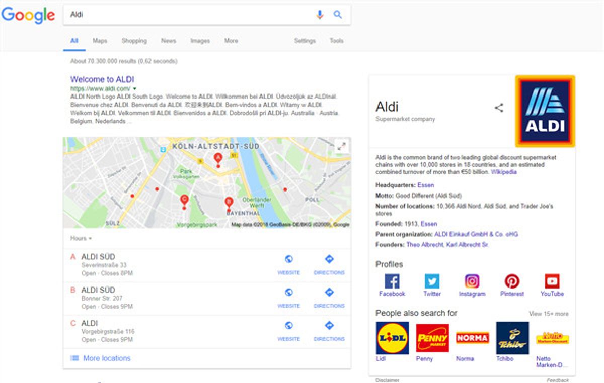 Ein SERP Ausschnitt aus der Google Suche zu Aldi