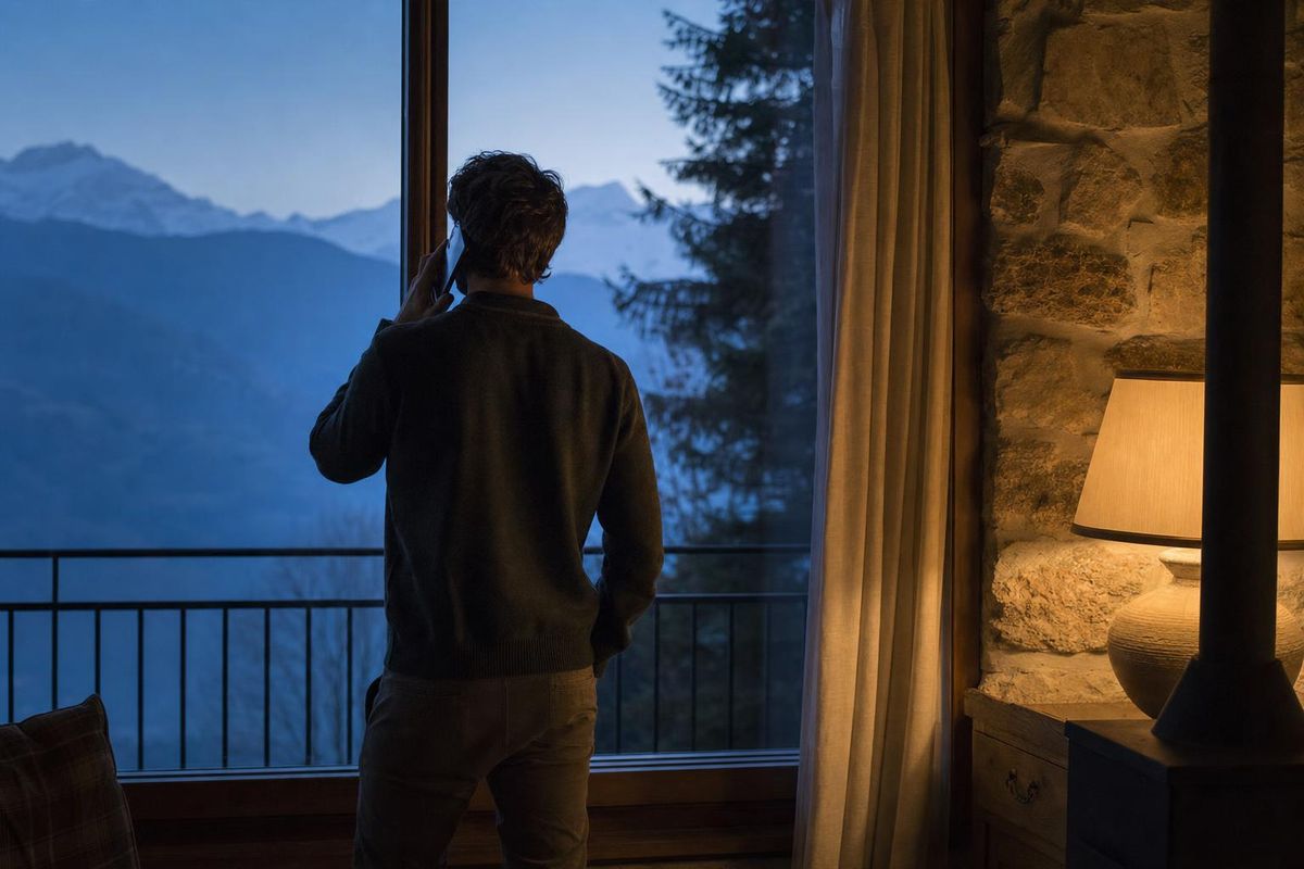 Person telefoniert abends am Fenster, draußen Berge in der Dämmerung