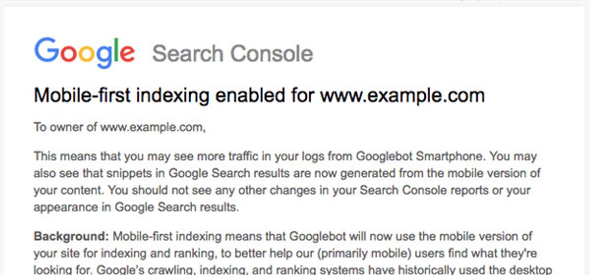 Eine Benachrichtigung von Google über den Wechsel zum mobile-first Index