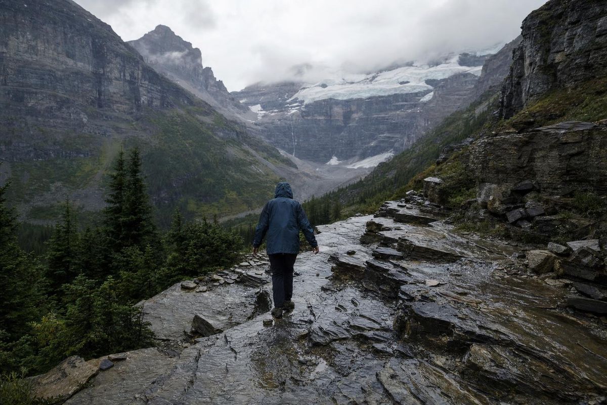 Wanderer in Regenjacke geht über nasse Felsplatten, Wasser läuft über den Stein