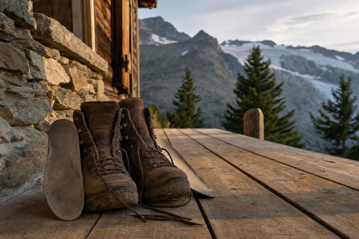 Bergschuhe stehen vor einer Hütte, dahinter sitzt jemand mit hochgelegten Beinen