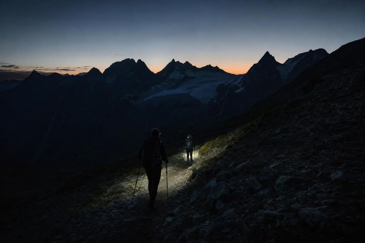 Zwei Wandernde mit Stirnlampen gehen hintereinander einen Bergweg im Dunkeln hinunter