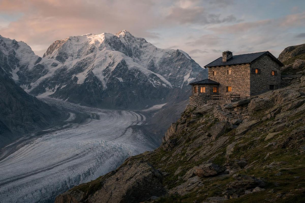 Berghütte auf über 2.500 Metern im Abendlicht, Gletscher im Hintergrund