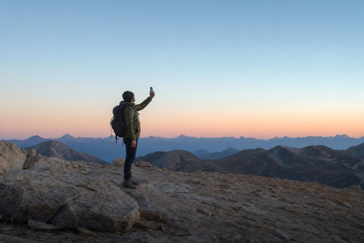 Person hält ein Handy mit freier Sicht zum Himmel auf einem offenen Grat in der Dämmerung