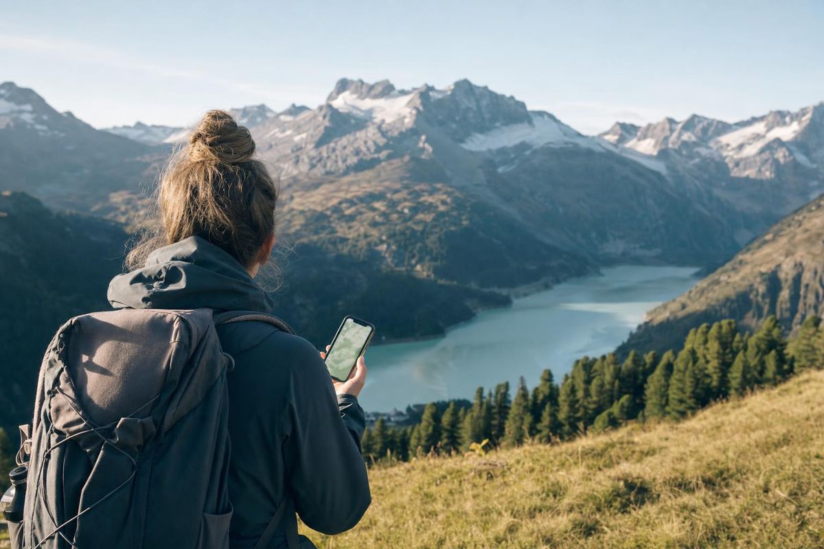 Handy mit geöffneter Wanderkarte in der Hand, im Hintergrund ein Bergtal im Morgenlicht