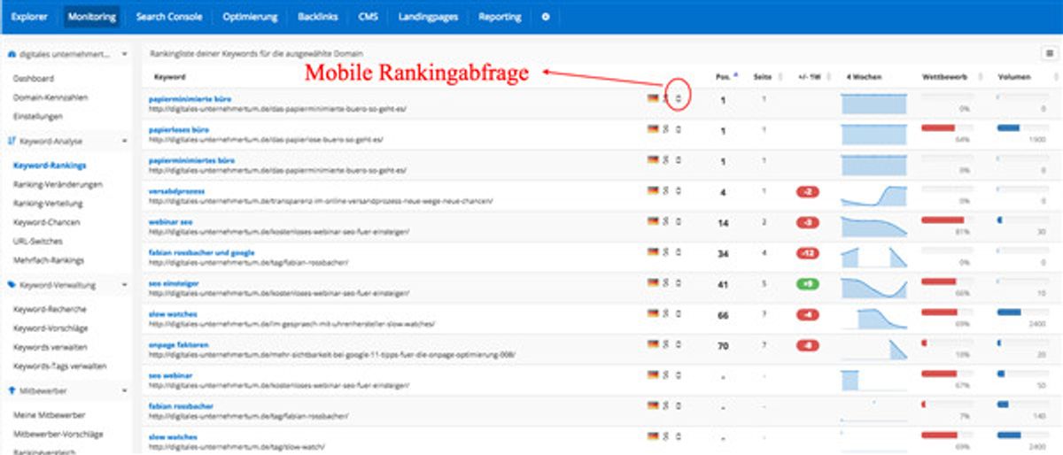 Ein Screenshot aus dem PageRangers Tool mit mobilen Rankings