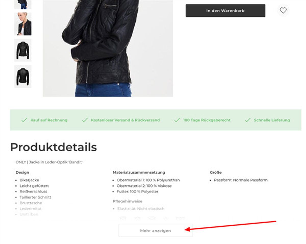 Ein Screenshot aus Zalandos Webseite mit verstecktem Inhalt