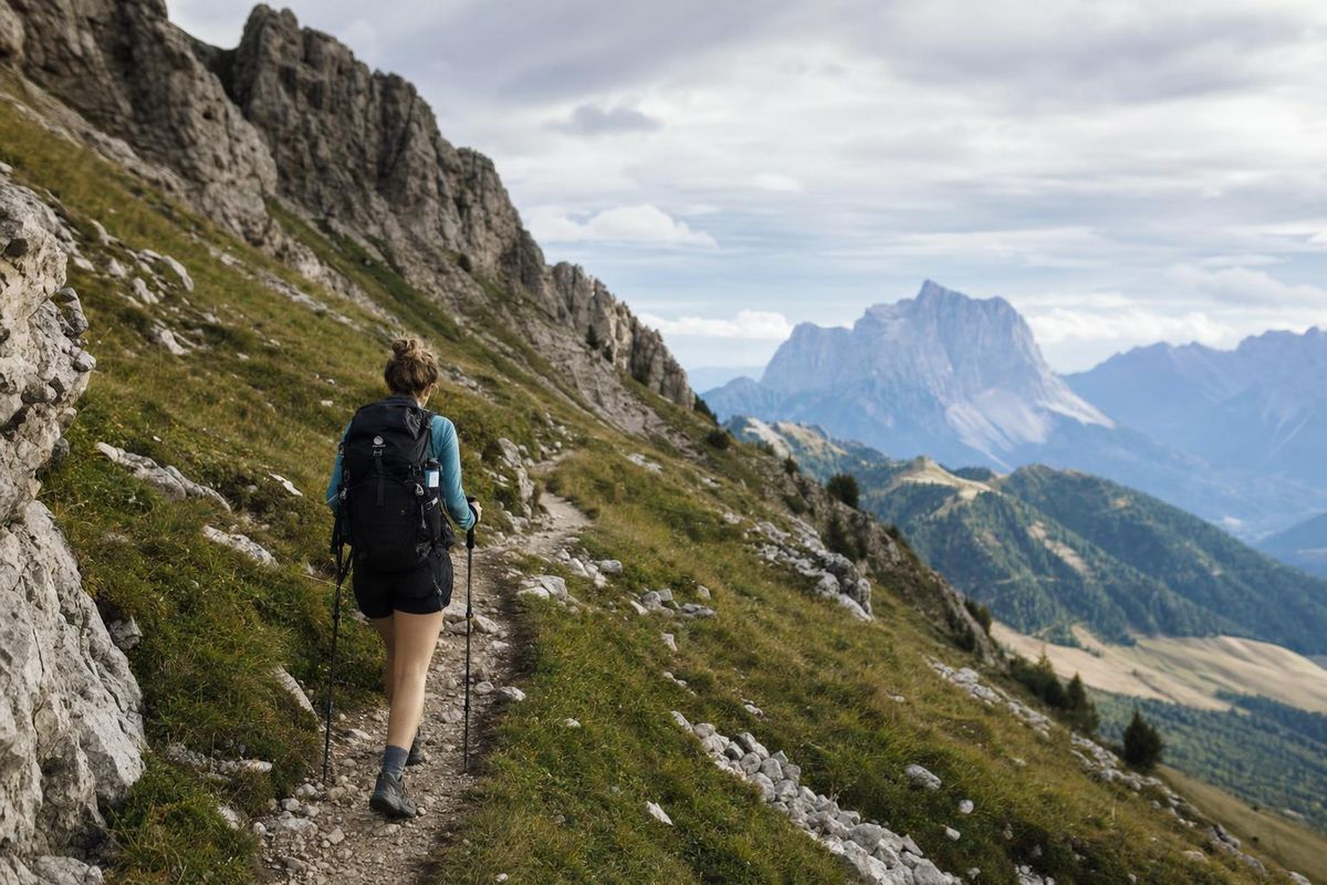Weitwanderer mit großem Rucksack auf einem Höhenweg, mehrere Ketten hintereinander