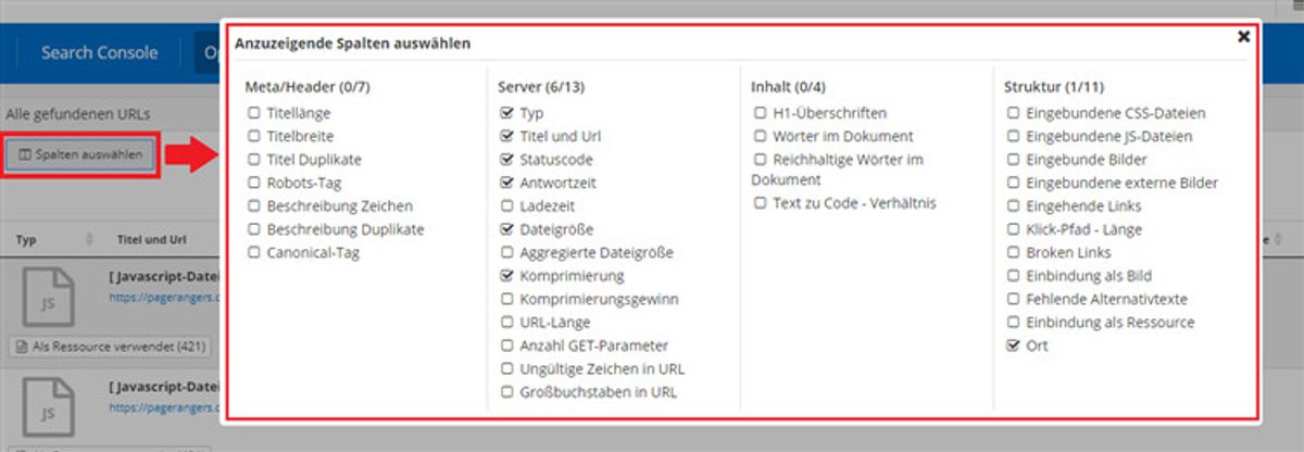 Die Liste aller Elemente einer URL, die angezeigt werden können