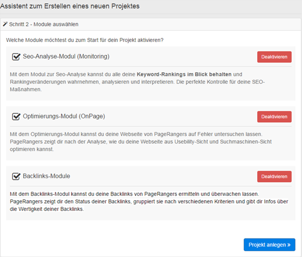 Hier kannst Du die verfügbaren Module von PageRangers aktivieren und deaktivieren