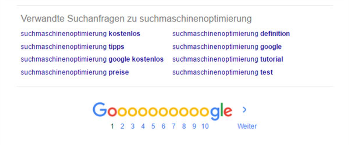 Verwandte Suchanfragen ist ein Feature von Google, dass ähnliche Suchbegriffe anzeigt die einen Hinweis bei der Suchmaschinenoptimierung geben können