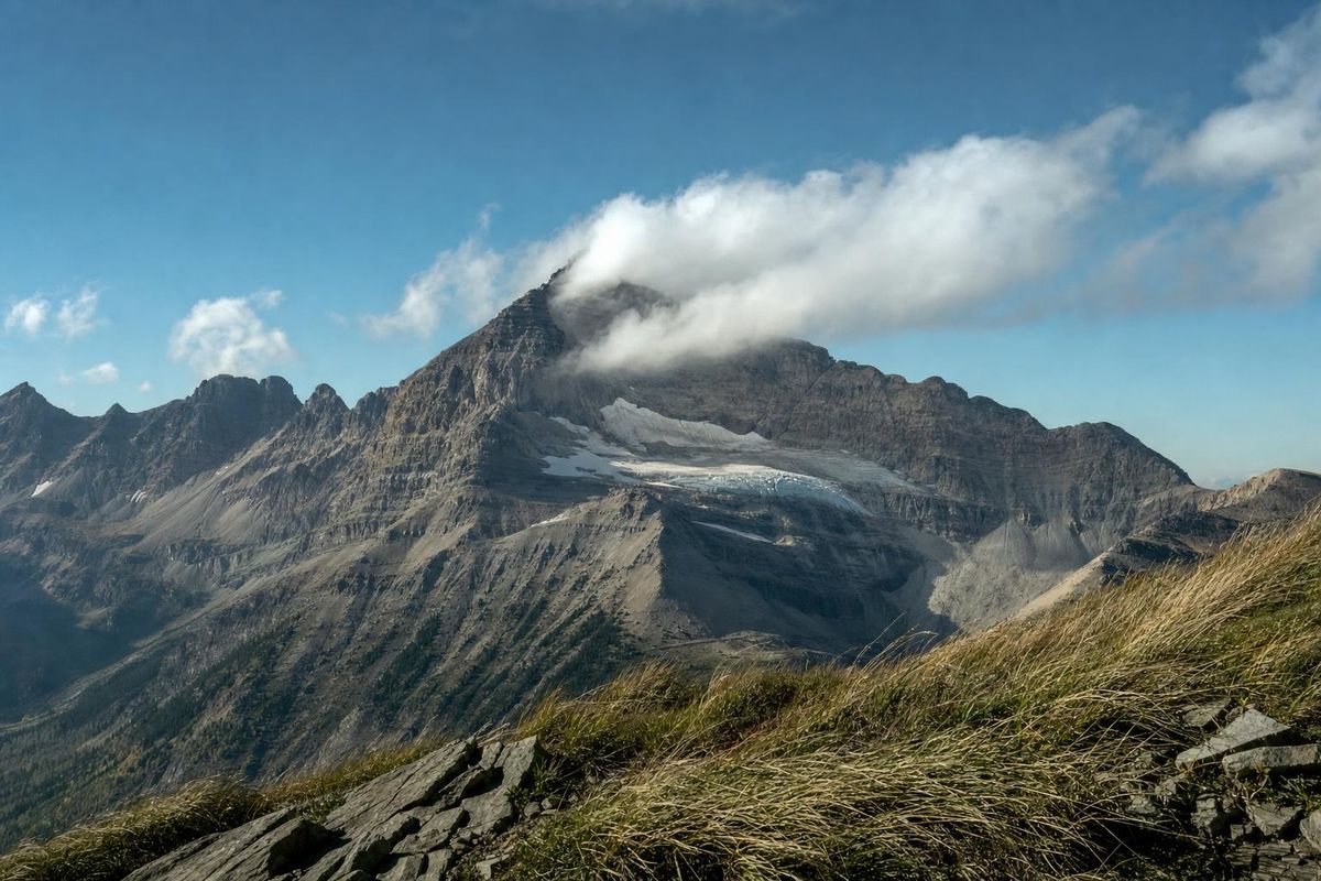 Wolkenfahne weht von einem Gipfelgrat, Gras im Vordergrund liegt flach im Wind